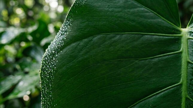 Close-up of a large green leaf with water droplets tropical jungle background.