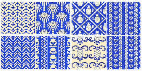 set of eight tropical folk art patterns in blue and beige pineapple © RanjanKumar