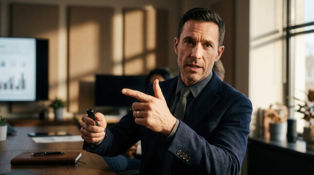 Business Professional Delivering Presentation In Boardroom While Pointing Directly At The Viewer