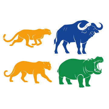 Colorful Stylized Big Five Animals: Lion, Buffalo, Hippopotamus, Cheetah