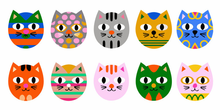 twelve colorful cat faces vector illustration on white background animal feline pattern