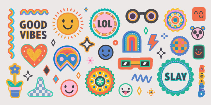 retro pop art stickers in colorful vector style good vibes lol slay