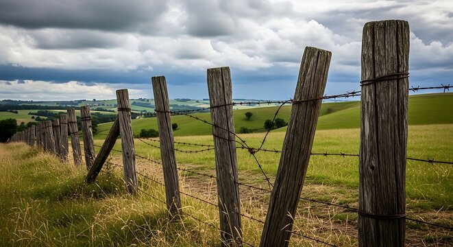 Weathered Wooden Fence Stretching Across Rolling Green Countryside Under Stormy Sky