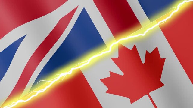 Two waving flags United Kingdom and Canada with diagonal lightning seamless, 4k loop