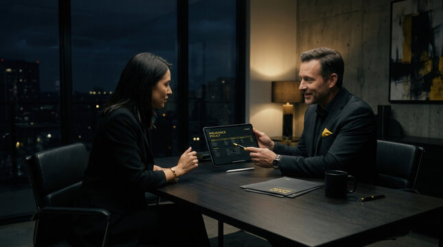 Business Professional Discussing Insurance Policy on Tablet in Modern Office Setting