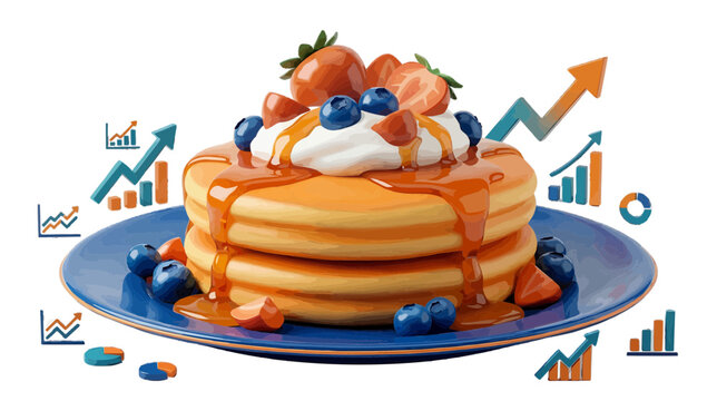 Vector illustration of stack of pancakes with syrup, strawberries, and blueberries with growth charts on a transparent background
