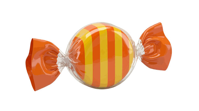 Vector illustration of a single orange and yellow striped hard candy wrapped in clear plastic on a transparent background