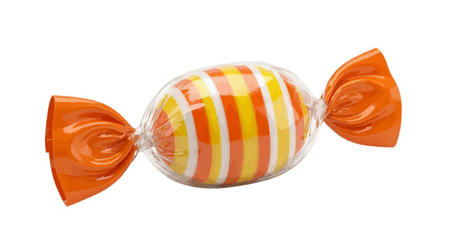 Vector illustration of orange and yellow striped hard candy wrapped in clear plastic on a transparent background