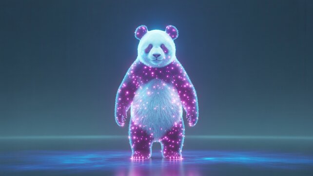 A majestic panda bear standing with a glowing purple and blue cosmic nebula effect on its fur