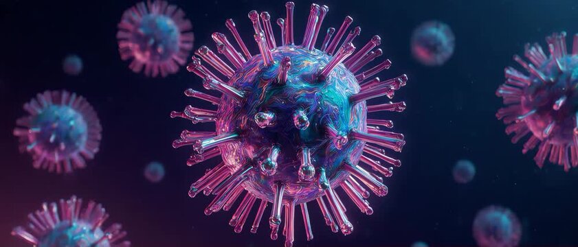 Futuristic neon glowing plasma fluid shaping an abstract microscopic virus structure