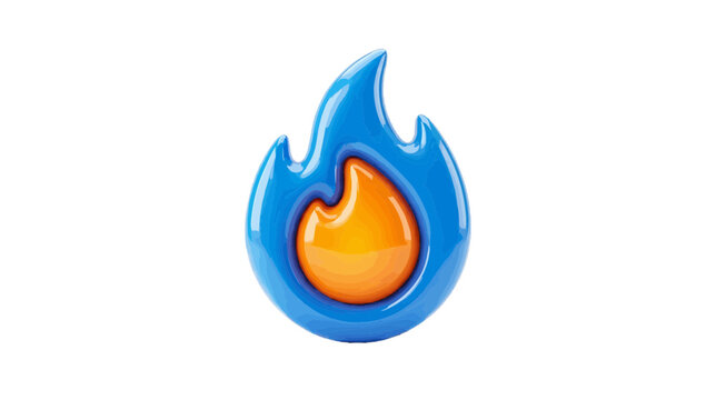 Vector illustration of 3d render of a glossy blue flame icon with an orange center on a transparent background