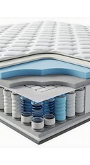 Naklejka premium Cutaway Hybrid Mattress Showing Quilted Top Foam Layers and Pocket Springs on White Background