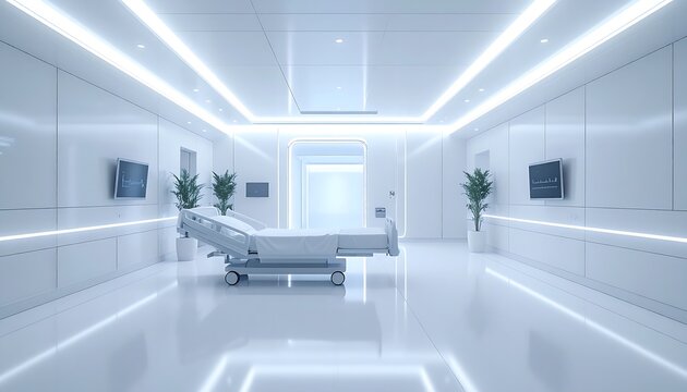 Modern hospital room with empty bed in bright clinical corridor featuring glowing LED lights and sterile interior atmosphere