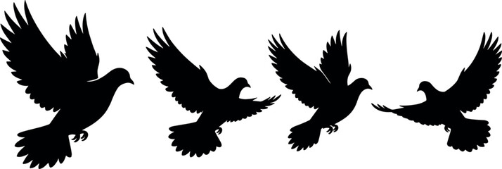 Obraz premium Flying Dove and Pigeon Silhouette Set with Spreading Wings for Peace Symbols, Freedom Concepts, Wedding Designs, and Silhouette Vector Graphics