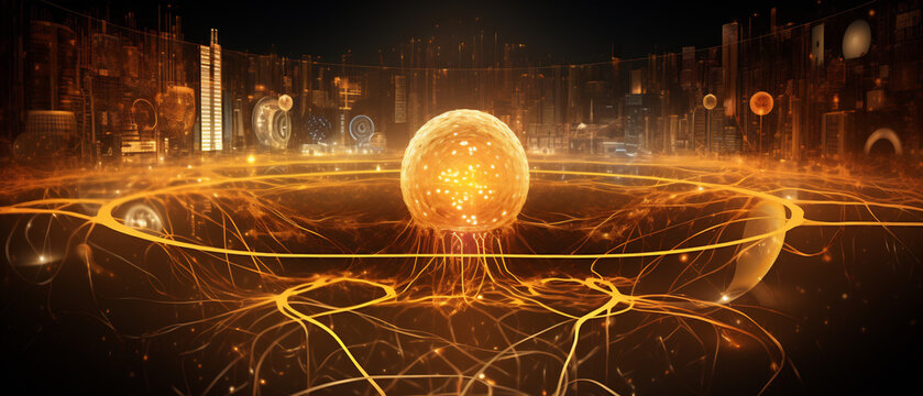 Glowing orb of energy at the center of a futuristic city's glowing network