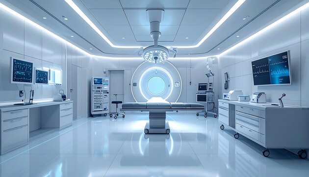 Modern surgical operating room interior featuring advanced medical equipment and sterile clinical lighting with blue toned atmosphere