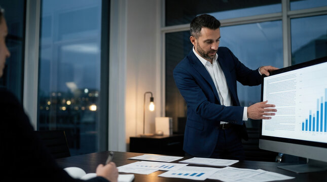 Business Professional Explaining Growth Charts on Computer Monitor During Corporate Meeting