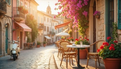 Fototapeta premium Sunny Mediterranean Street With Flowers And Café