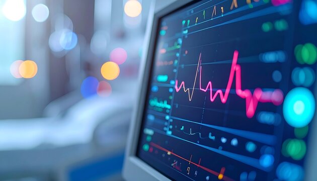 Hospital bedside heart rate monitor displaying vital signs with soft glowing lights in a clinical intensive care unit