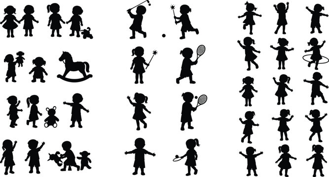Little Girl Silhouette Collection Playing Sports and Toys Various Poses Kids Activities Isolated White Background