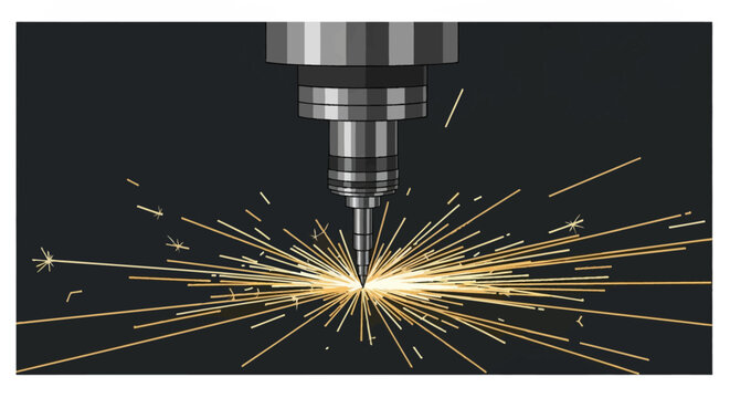 Industrial vector illustration of a precision CNC machining spindle milling a metal part with bright yellow and orange sparks radiating from the point of friction on dark.