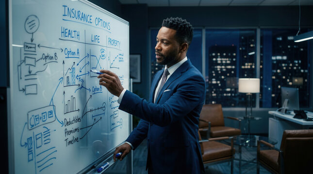 Business Professional Explaining Insurance Plans in Modern Office Setting Visual