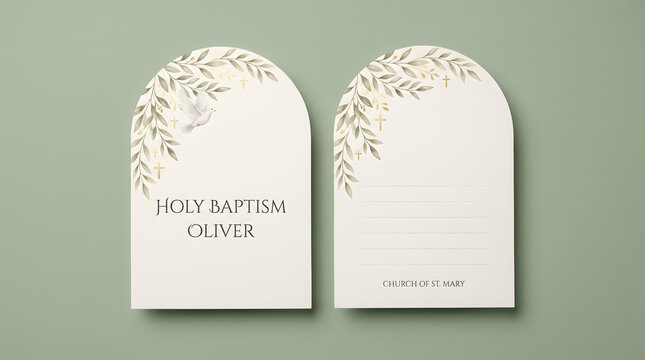 Arch shaped baptism invitation mockup. Blank card template with watercolor olive branches, gold crosses, and a white dove. Digital illustration on a sage green background.