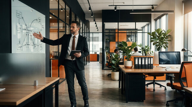 Business Professional Explaining Strategy On A Whiteboard In Modern Office Space