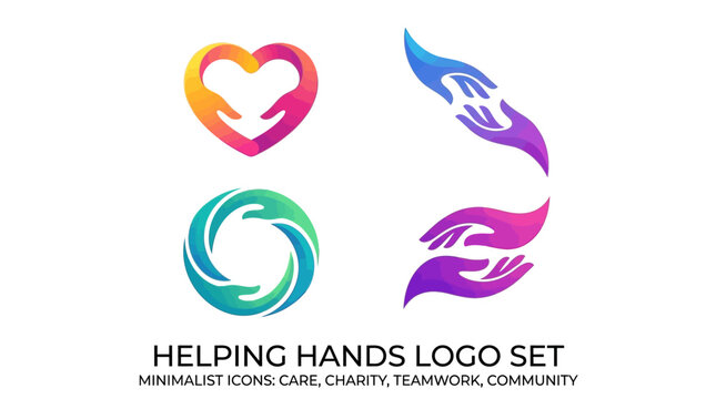 Vibrant helping hands logo set care charity teamwork icons