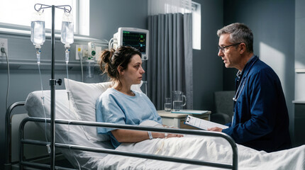 Obraz premium Concerned Doctor Explains Diagnosis To Patient In Hospital Bed While Reviewing Results
