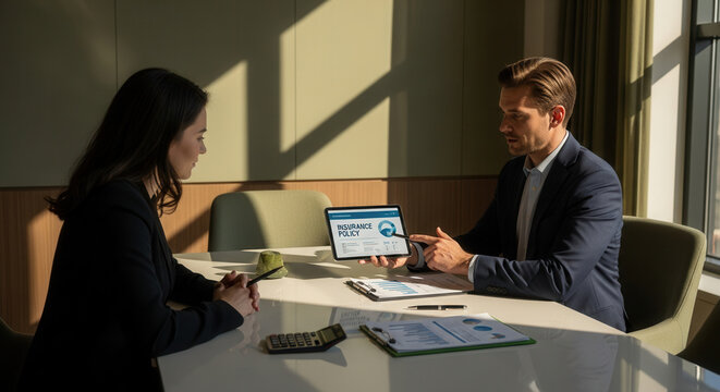 Business Professional Explaining Insurance Policy Details Using Tablet Display in Meeting Room