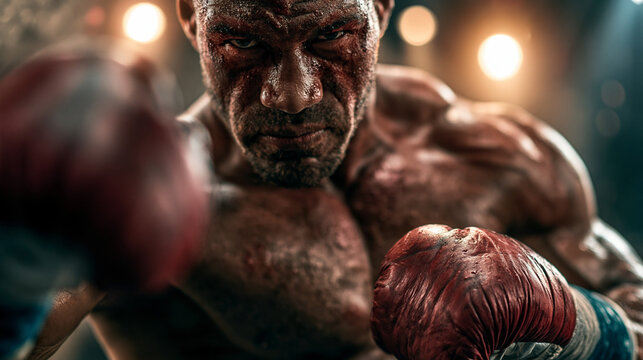 Close up a strong boxing man punching shot to camera , action cinematic image.