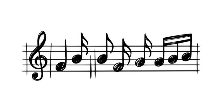 Music notes on a staff with treble clef and black musical symbols, simple and elegant composition. featuring note, quarter note, sharp with flat and