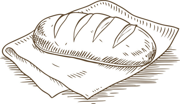 hand drawn rustic bread loaf on cloth napkin, vintage bakery illustration
