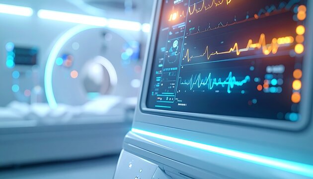 Advanced medical monitor displaying vital signs interface with glowing blue interface in modern hospital ward