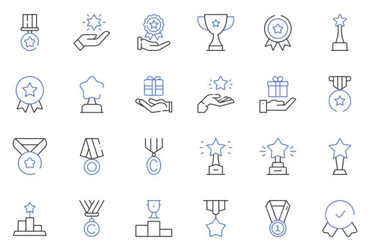 Award and Achievement Line Icons Set Trophy, Medal, Badge, Reward, Winner, Recognition, Prize Editable Stroke Vector Illustration