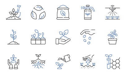 Fototapeta premium Gardening and Plant Growth Flat Line Icons Set Seedling, Sprout, Irrigation, Fertilizer, Watering, Sustainable Agriculture Editable Stroke Vector Illustration