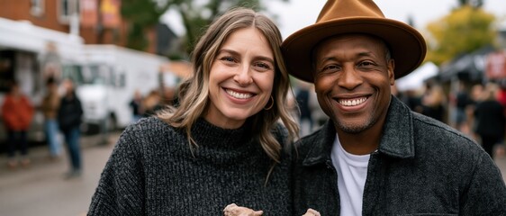 Fototapeta premium A cheerful couple posing together while enjoying delicious treats at a lively outdoor event, reflecting the joy of community gatherings and sharing special moments.