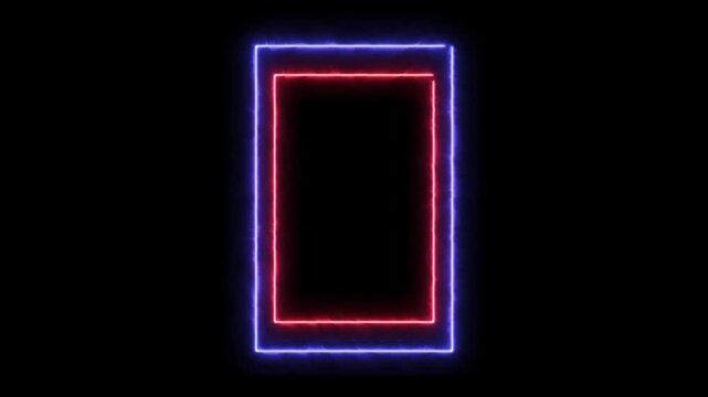 Bright neon light effect isolated on black  background, with neon lights shrinking and expanding.Blank rectangle frame by neon lights symmetry animation. The best stock neon flickering.4k