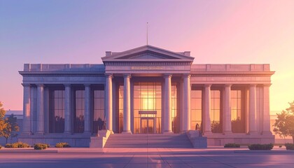 Obraz premium Golden hour lighting on historic classical building facade.