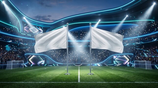 Two blank white flags waving on poles in the center of a futuristic soccer stadium at night with bright spotlights and a cheering crowd in the background
