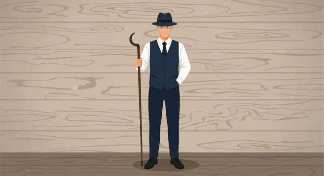 Vector illustration of a man in a navy blue waistcoat and fedora hat holding a shepherd's hook staff, standing against a rustic light brown horizontal wooden plank wall background.