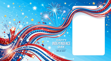 Fototapeta premium Vibrant 4th of july celebration background with fireworks and patriotic ribbons on blue