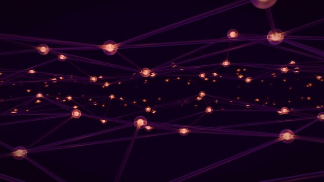 Network connection structure background with lines and glowing sphere nodes floating in purple space. Abstract technology composition with animated 3D grid for digital systems visualization. 4K 60fps