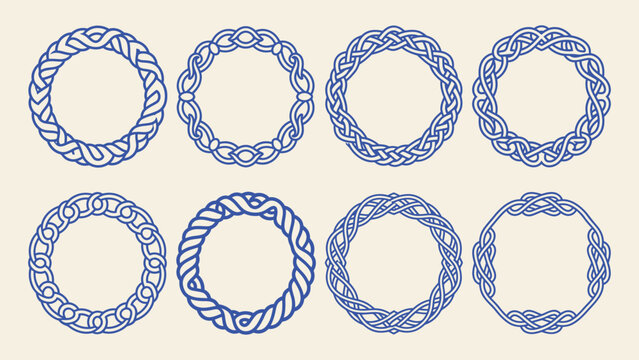 Set of eight circular Celtic knot frames and braided border vector icons with intricate blue line art patterns for decorative design
