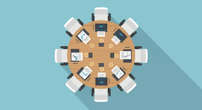 Top view vector illustration of a round wooden conference table with eight chairs, laptops, financial documents, graphs, pens, and coffee cups on a light blue background.