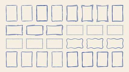 Hand drawn blue frame collection with sketchy borders dotted lines and wavy rectangular shapes for graphic design and journaling © Artastic