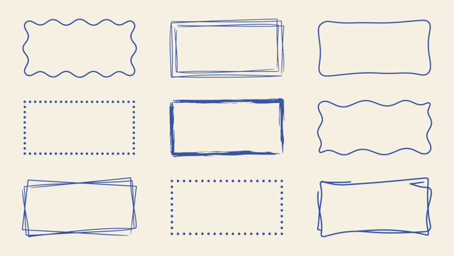 Hand drawn blue frame set with wavy dotted and sketchy borders for text boxes and graphic design elements vector illustration