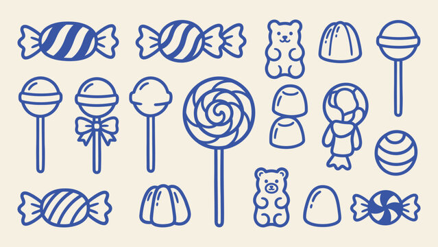 Candy and sweets icon set with lollipops gummy bears and wrapped treats in blue line art vector style for food branding and graphic design