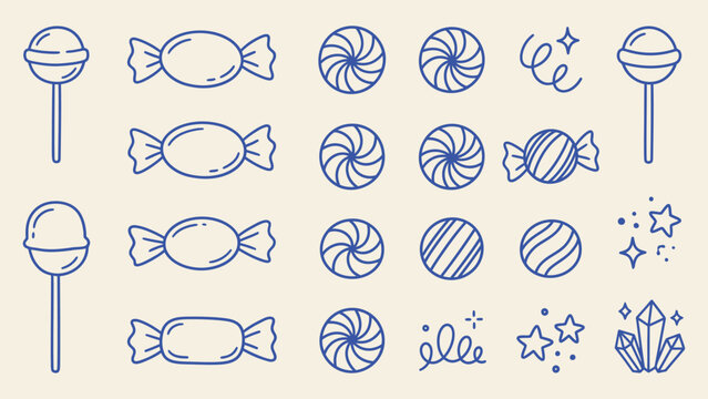 Blue line art candy icon set with lollipops wrapped sweets peppermint swirls and stars vector illustration for festive graphic design and branding